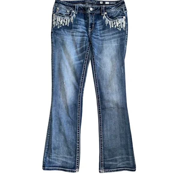 Miss Me Signature Bootcut Jeans 34 Embroidered Feather Mid Rise Stretch Y2K - Picture 2 of 9